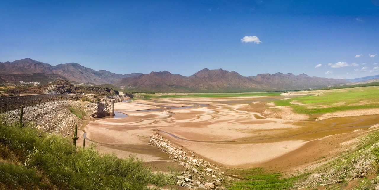 Sediment accumulation occurring behind Horseshoe Dam during the annual drawdown of the reservoir.   Copyright Notice: This photo is copyrighted to SRP. All rights reserved. Please do not reproduce, distribute, or use this image without permission from SRP.